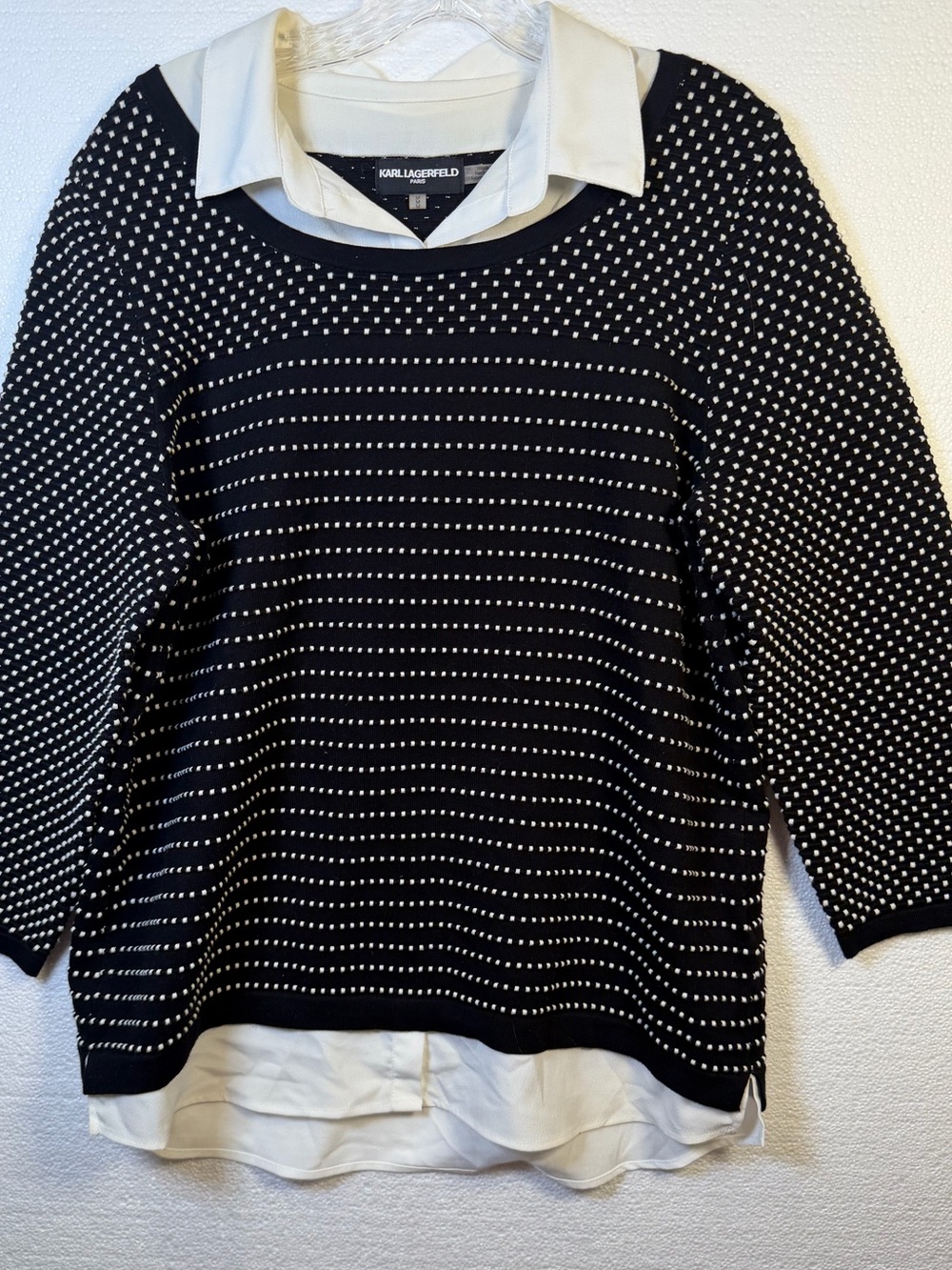 Karl Lagerfeld Black Sweater with White Dot Knit and Faux Collar polka dot size